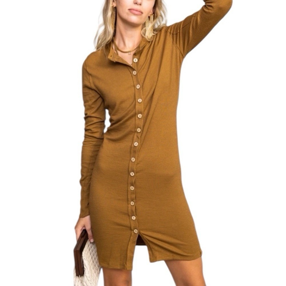 We The Free People Gia Cardi Long Ribbed‎ Sweater Dress Size Small Brown Tan
